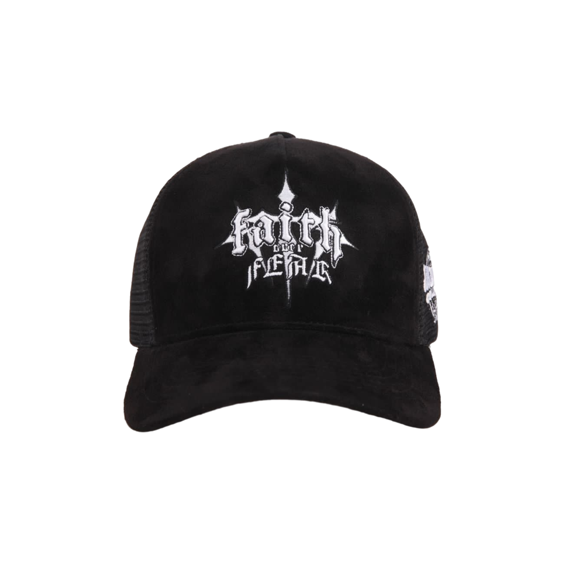 FAITH OVER FEAR SUEDE TRUCKER HAT "BLACK"