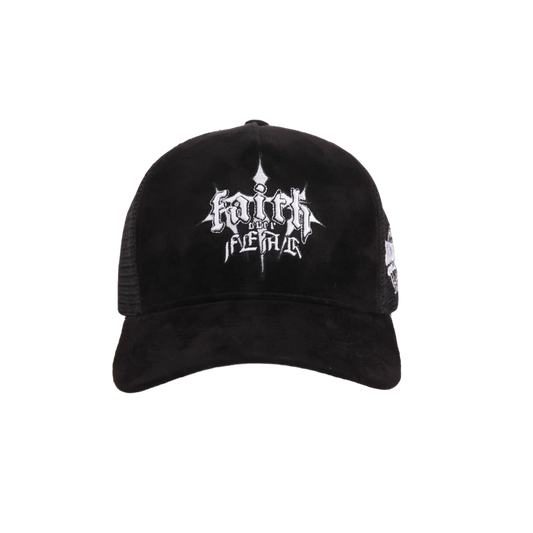 FAITH OVER FEAR SUEDE TRUCKER HAT "BLACK"