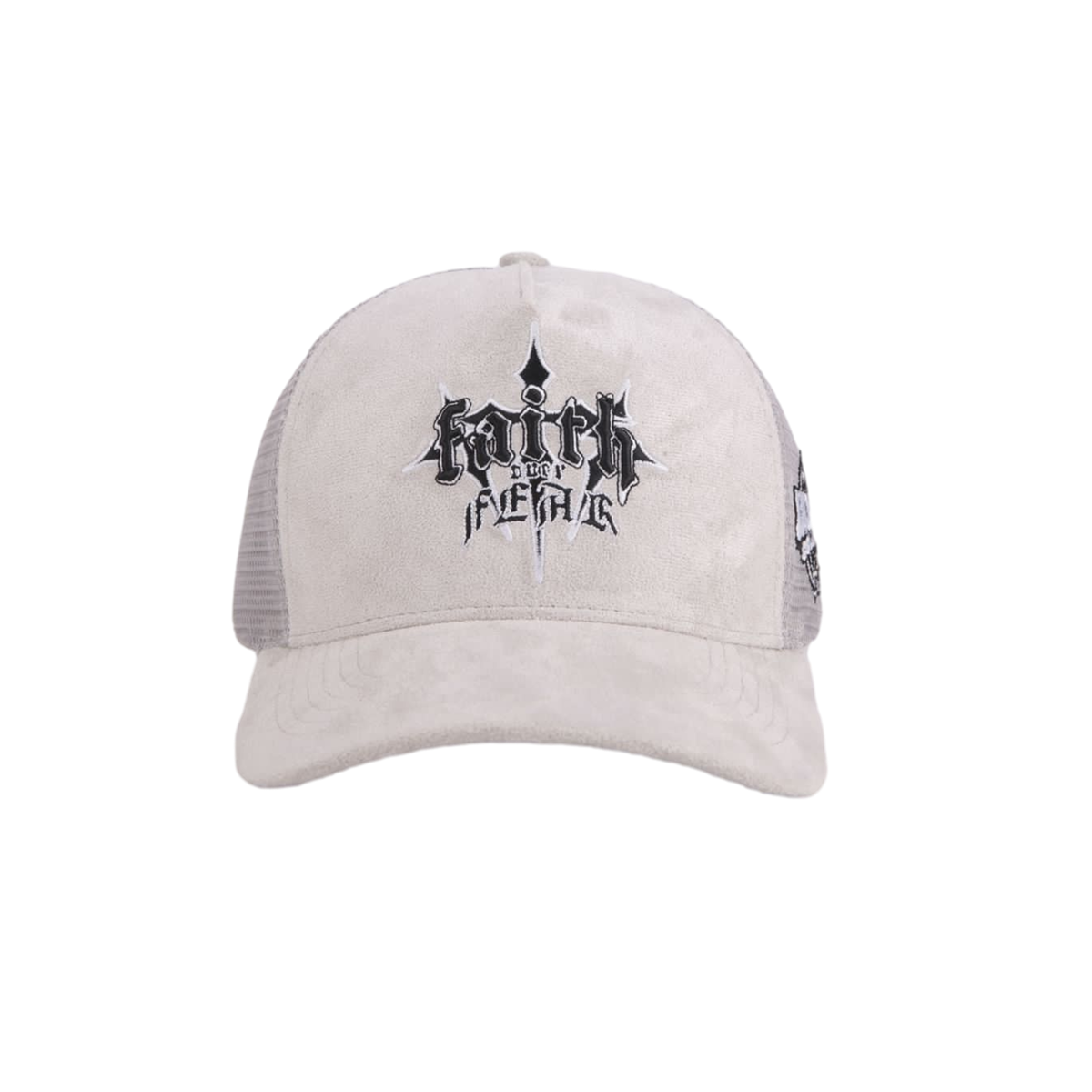 FAITH OVER FEAR SUEDE TRUCKER HAT "LIGHT GRAY"