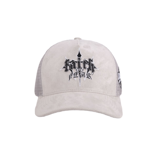FAITH OVER FEAR SUEDE TRUCKER HAT "LIGHT GRAY"