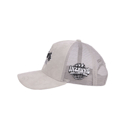 FAITH OVER FEAR SUEDE TRUCKER HAT "LIGHT GRAY"